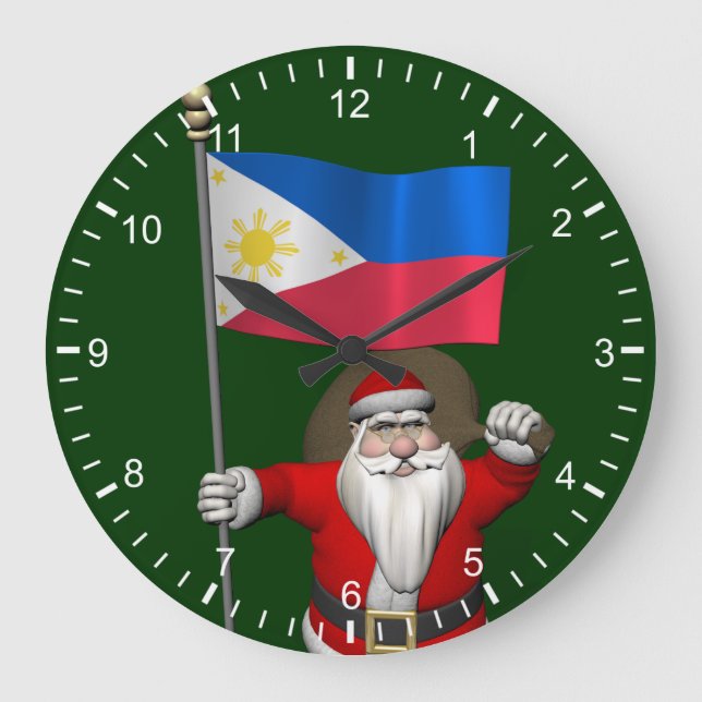 Santa Claus With Ensign Of The Philippines Large Clock (Front)