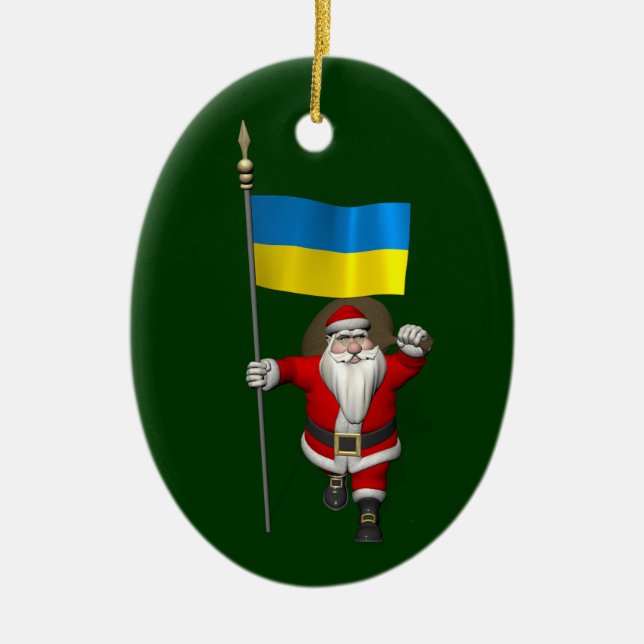 Santa Claus With Ensign Of The Ukraine Ceramic Ornament (Front)