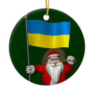Santa Claus With Ensign Of The Ukraine Ceramic Ornament