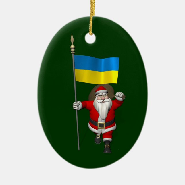 Santa Claus With Ensign Of The Ukraine Ceramic Ornament (Front)