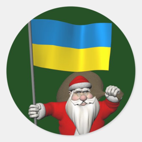 Santa Claus With Ensign Of The Ukraine Classic Round Sticker