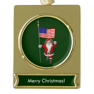 Santa Claus With Ensign Of The USA Gold Plated Banner Ornament