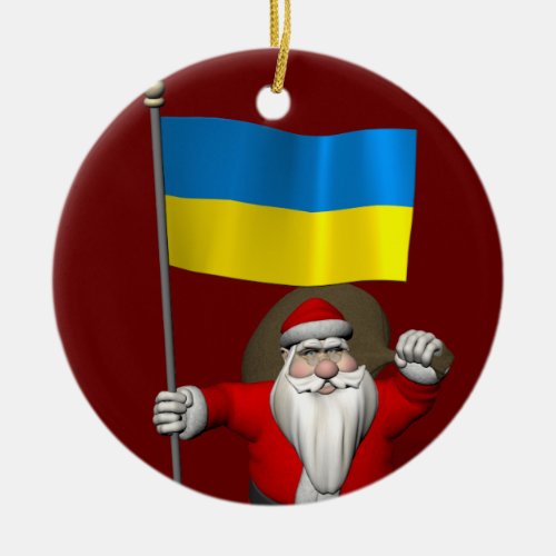 Santa Claus With Ensign Of Ukraine Ceramic Ornament