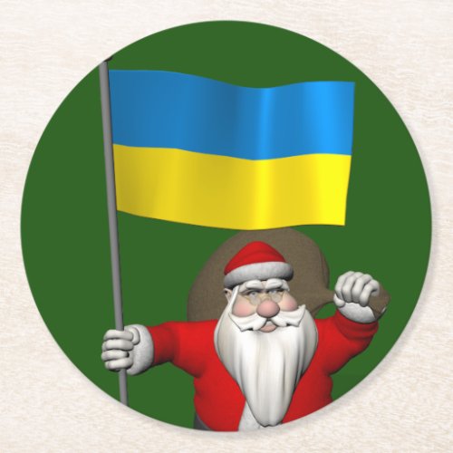 Santa Claus With Ensign Of Ukraine Round Paper Coaster