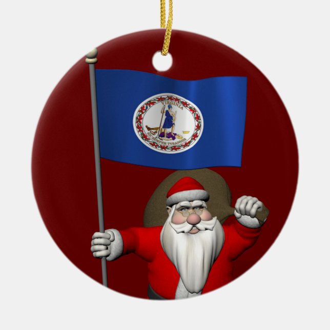 Santa Claus With Ensign Of Virginia Ceramic Ornament (Front)