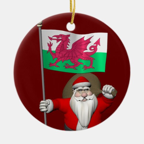 Santa Claus With Ensign Of Wales Ceramic Ornament