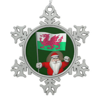 Santa Claus With Ensign Of Wales Snowflake Pewter Christmas Ornament
