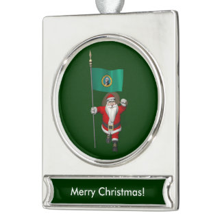 Santa Claus With Ensign Of  Washington Silver Plated Banner Ornament