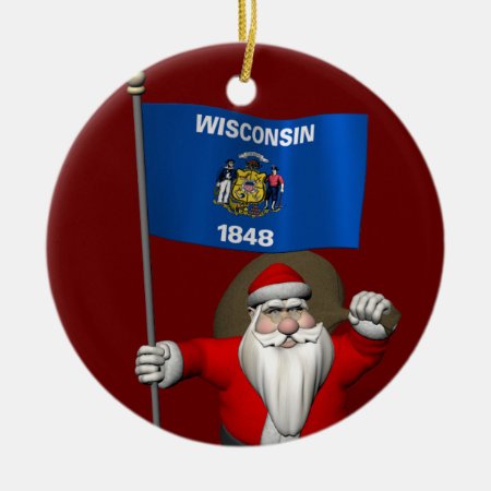 Santa Claus With Ensign Of Wisconsin Ceramic Ornament