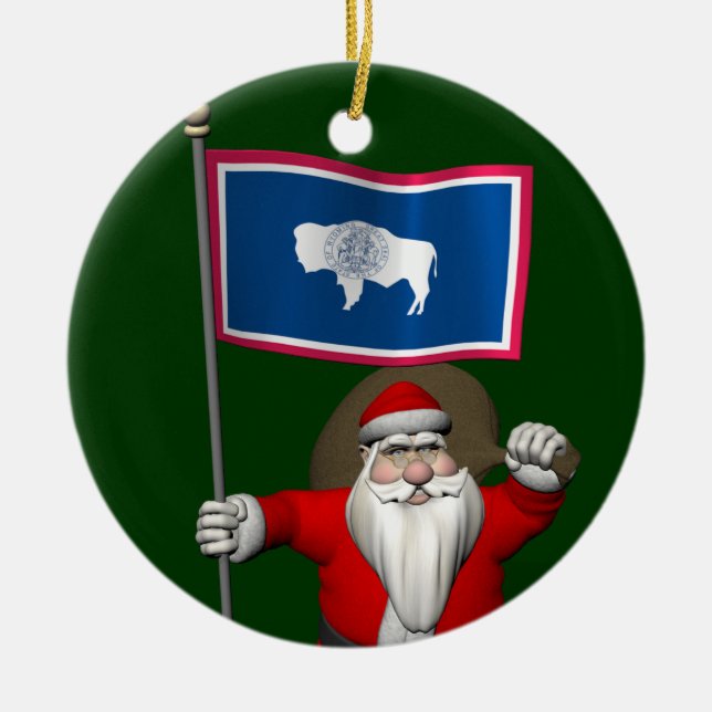 Santa Claus With Ensign Of Wyoming Ceramic Ornament (Front)