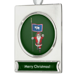 Santa Claus With Ensign Of Wyoming Silver Plated Banner Ornament