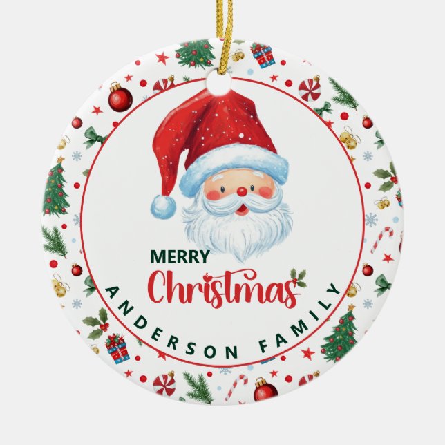 Santa Claus with Festive Pattern Merry Christmas Ceramic Ornament (Front)