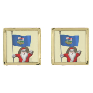 Santa Claus With Flag Of Alberta CDN Gold Cufflinks
