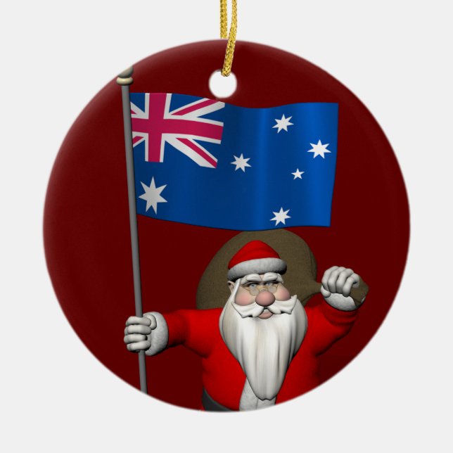 Santa Claus With Flag Of Australia Ceramic Ornament (Front)