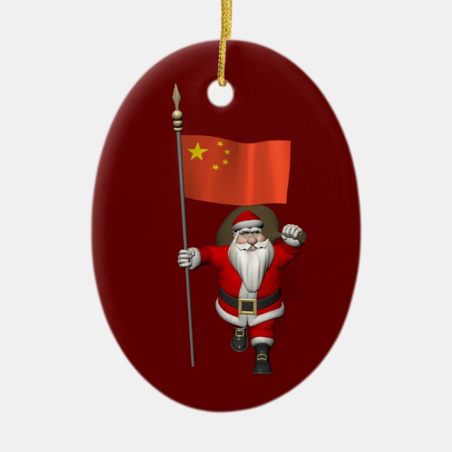 Santa Claus With Flag Of China Ceramic Ornament (Front)