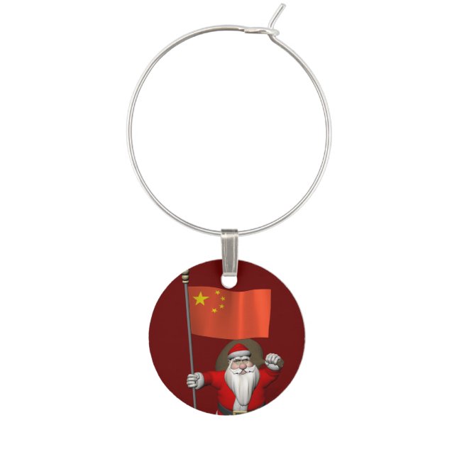 Santa Claus With Flag Of China Wine Charm (Front)