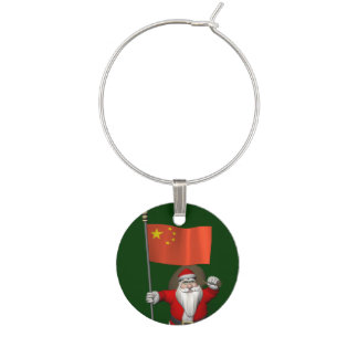 Santa Claus With Flag Of China Wine Glass Charm
