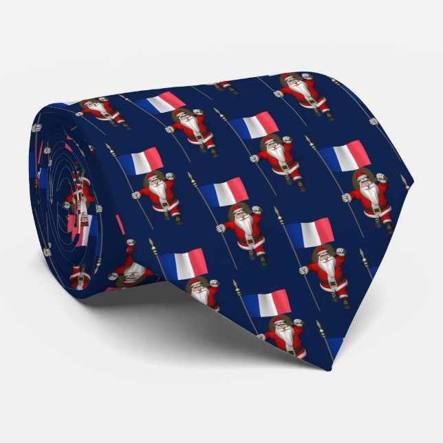 Santa Claus With Flag Of France Tricolour Neck Tie (Rolled)