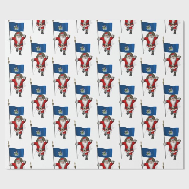 Santa Claus With Flag Of Maine Wrapping Paper (Flat)