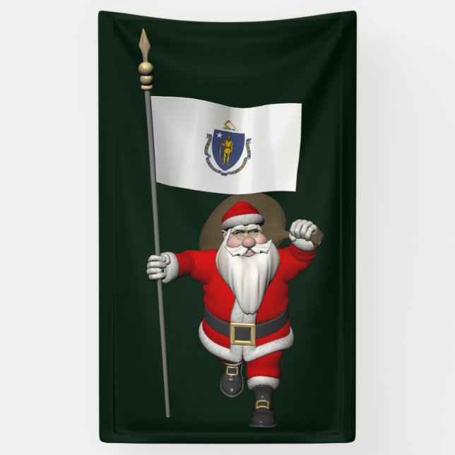 Santa Claus With Flag Of Massachusetts Banner (Vertical)
