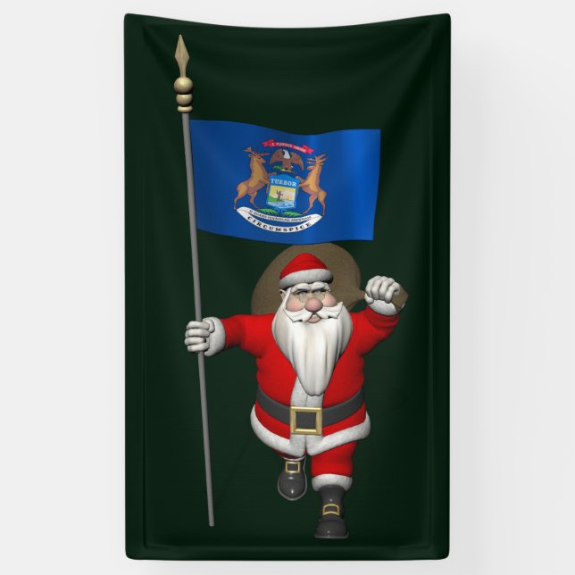 Santa Claus With Flag Of Michigan Banner (Vertical)