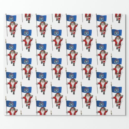 Santa Claus With Flag Of Michigan Wrapping Paper