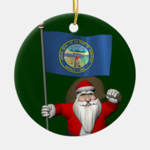 Santa Claus With Flag Of Nebraska Ceramic Ornament
