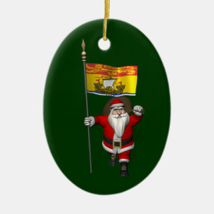 Santa Claus With Flag Of New Brunswick CDN Ceramic Ornament