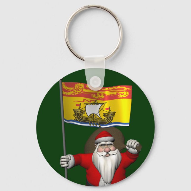 Santa Claus With Flag Of New Brunswick CDN Keychain (Front)