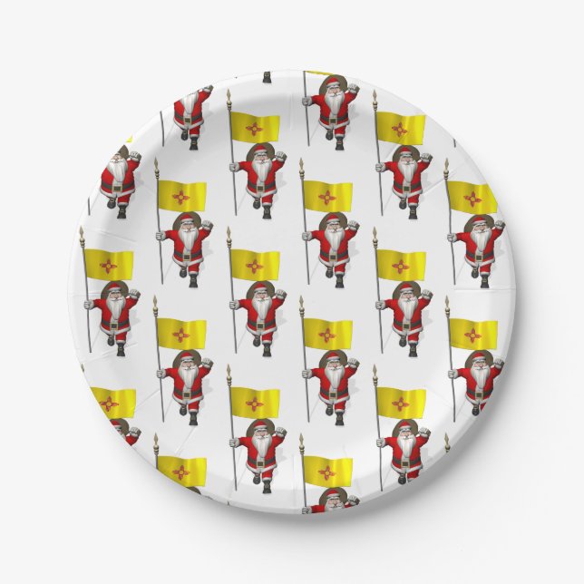 Santa Claus With Flag Of New Mexico Paper Plates (Front)