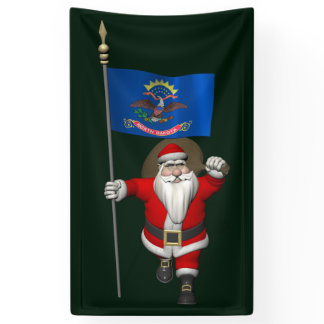 Santa Claus With Flag Of North Dakota Banner