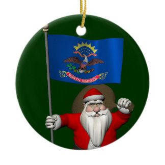Santa Claus With Flag Of North Dakota Ceramic Ornament