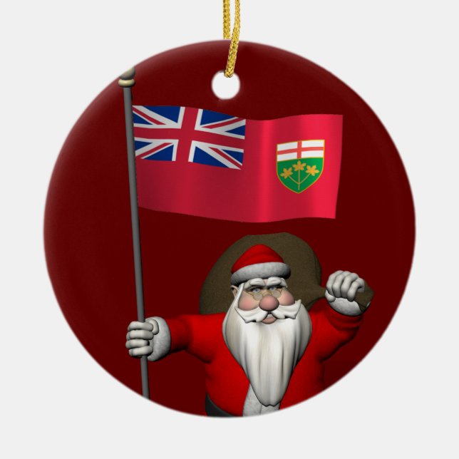 Santa Claus With Flag Of Ontario CDN Ceramic Ornament (Front)