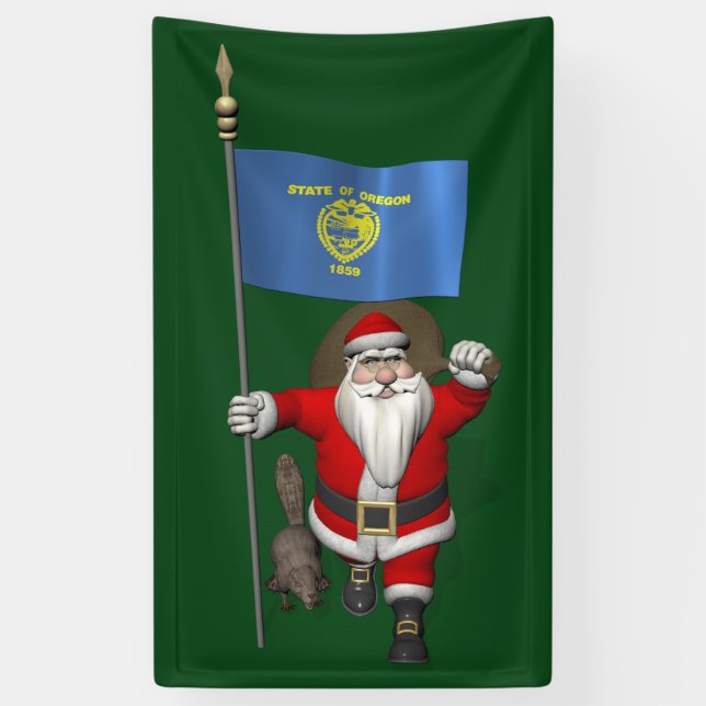 Santa Claus With Flag Of Oregon And Beaver Banner (Vertical)