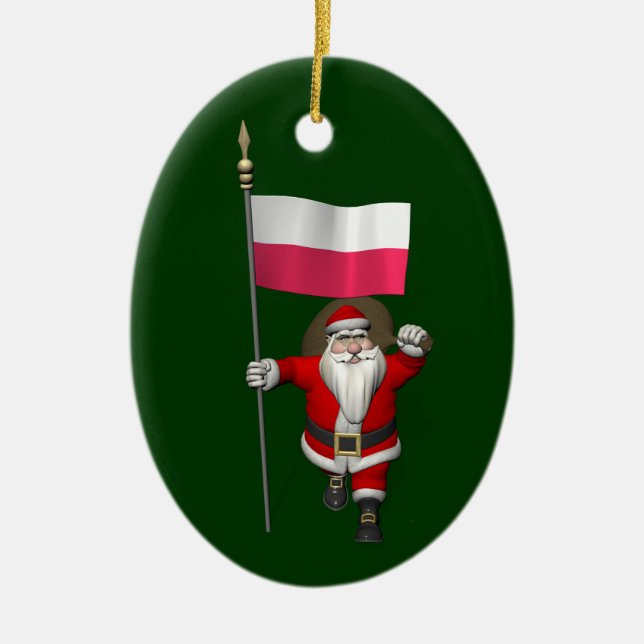 Santa Claus With Flag Of Poland Ceramic Ornament (Front)