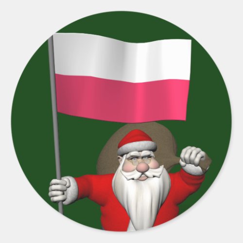 Santa Claus With Flag Of Poland Classic Round Sticker