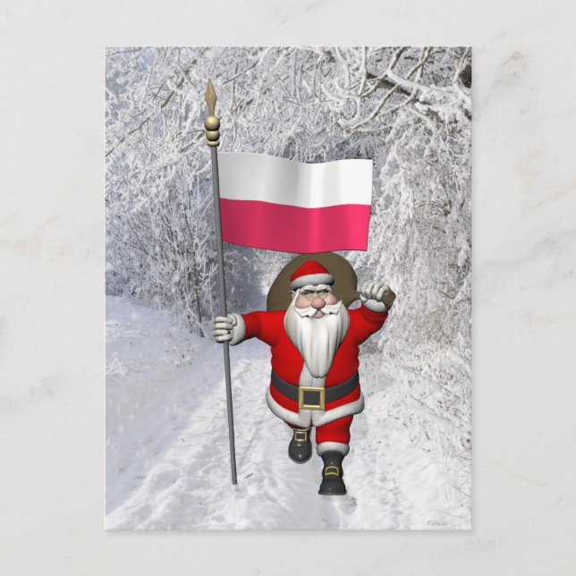 Santa Claus With Flag Of Poland Holiday Postcard (Front)