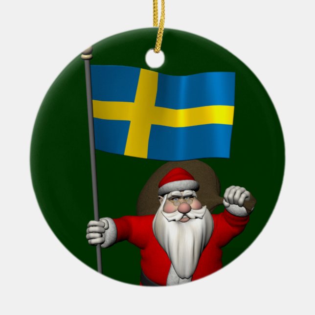 Santa Claus With Flag Of Sweden Ceramic Ornament (Front)