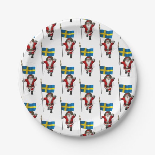 Santa Claus With Flag Of Sweden Paper Plates