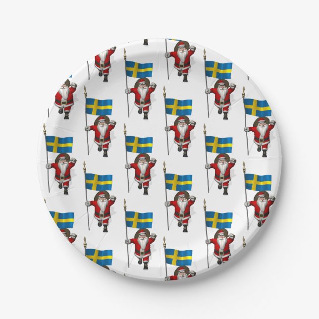 Santa Claus With Flag Of Sweden Paper Plates (Front)
