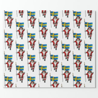 Santa Claus With Flag Of Sweden Wrapping Paper