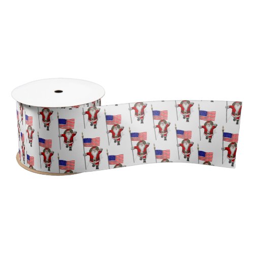 Santa Claus With Flag Of The USA Satin Ribbon