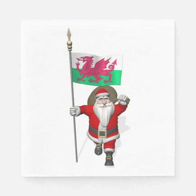 Santa Claus With Flag Of Wales Paper Napkins (Front)