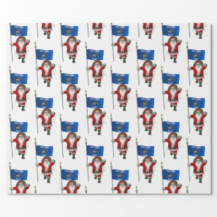 Santa Claus With Flag Of Wisconsin Wrapping Paper