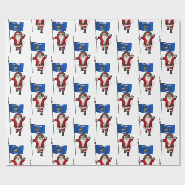 Santa Claus With Flag Of Wisconsin Wrapping Paper (Flat)