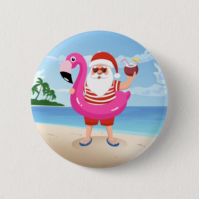 Santa Claus with flamingo inflatable ring Button (Front)