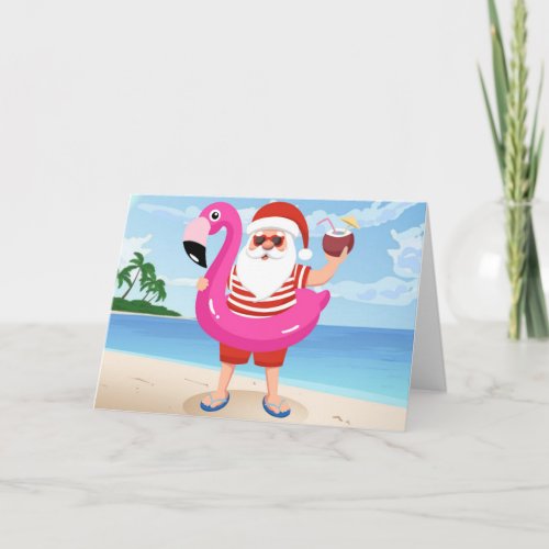 Santa Claus with flamingo inflatable ring Card