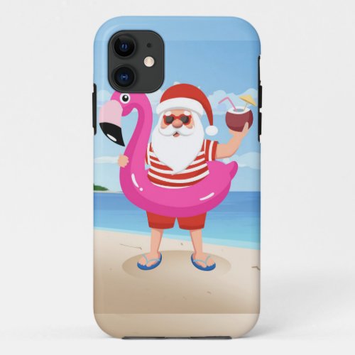 Santa Claus with flamingo inflatable ring iPhone 11 Case