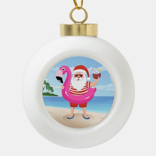 Santa Claus with flamingo inflatable ring Ceramic Ball Christmas Ornament