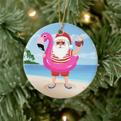 Santa Claus with flamingo inflatable ring Ceramic Ornament
